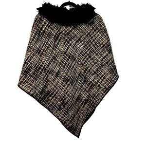 On Trend Odiva Faux Fur Tweed Poncho w/ Faux Fur Collar and Faux Leather Piping